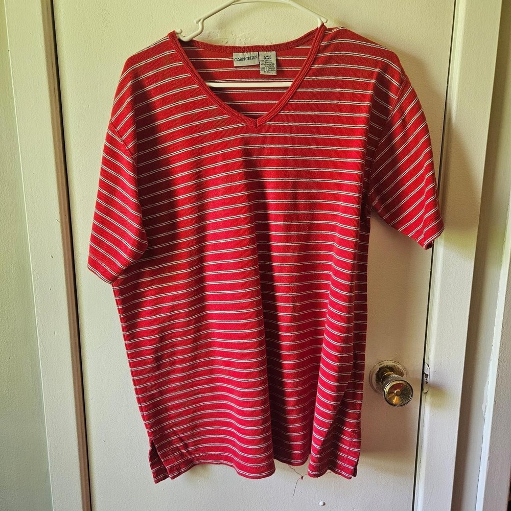 Red striped V-neck t-shirt with black and white stripes. Size: L